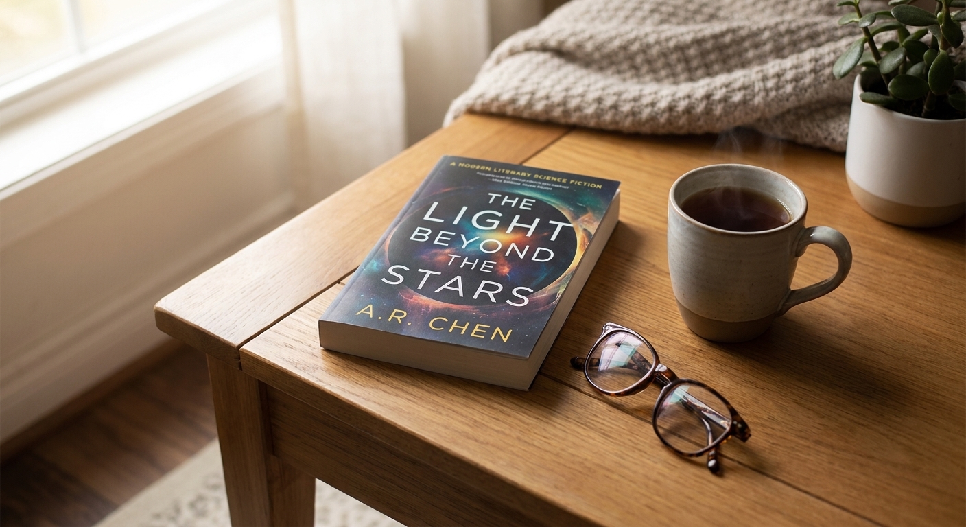 A modern literary science fiction novel resting on a coffee table beside a pair of reading glasses and a mug of tea in soft window light