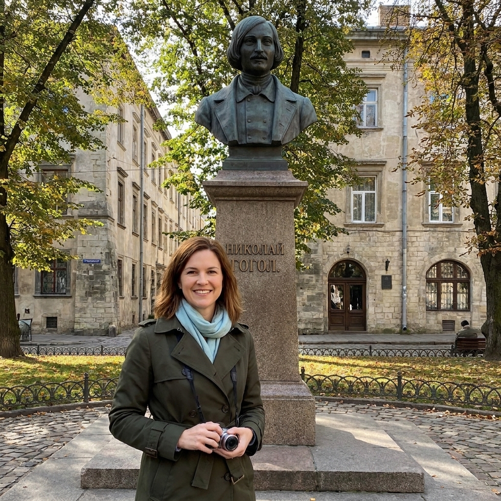 A monument of Nikolai Gogol in an outdoor city setting with trees and stone buildings