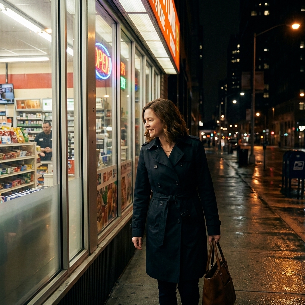A night-time street photograph with a brightly lit convenience store window and a lone person walking past on the sidewalk