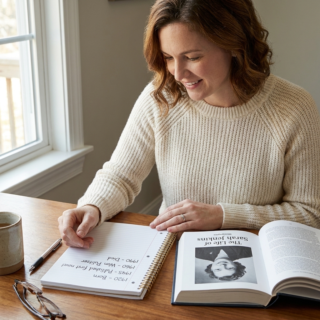 A notebook open to a handwritten timeline with a few dates and short phrases, next to an open biography on a desk