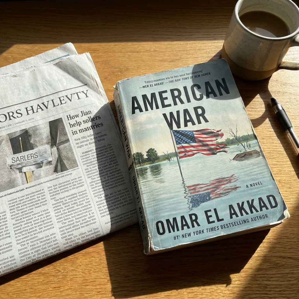 A paperback copy of American War by Omar El Akkad on a desk next to a folded newspaper, stark overhead light