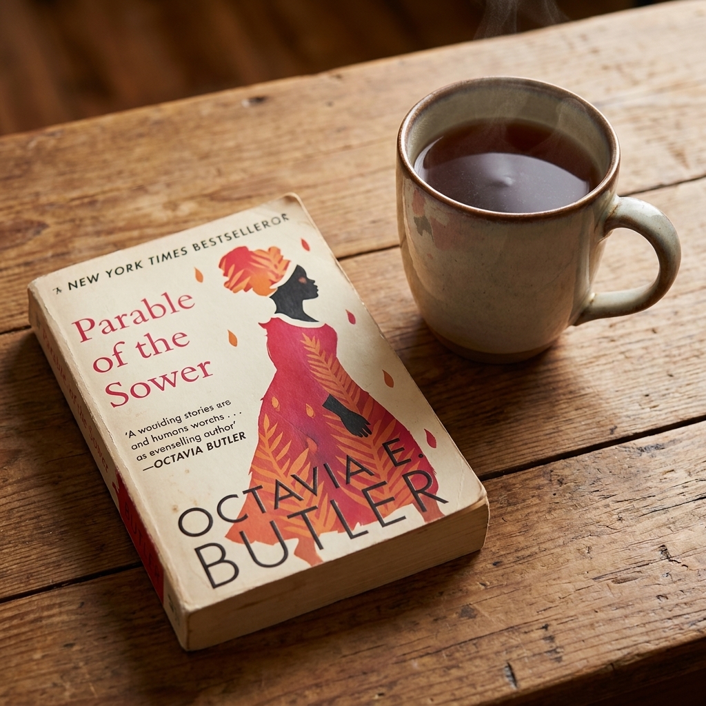 A paperback copy of Octavia E. Butler’s Parable of the Sower resting on a wooden table with a mug of tea nearby