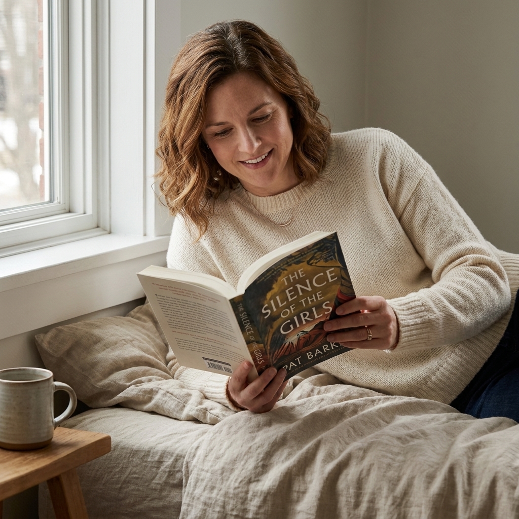A paperback copy of Pat Barker's The Silence of the Girls on a rumpled linen blanket near a window, natural daylight, intimate reading moment