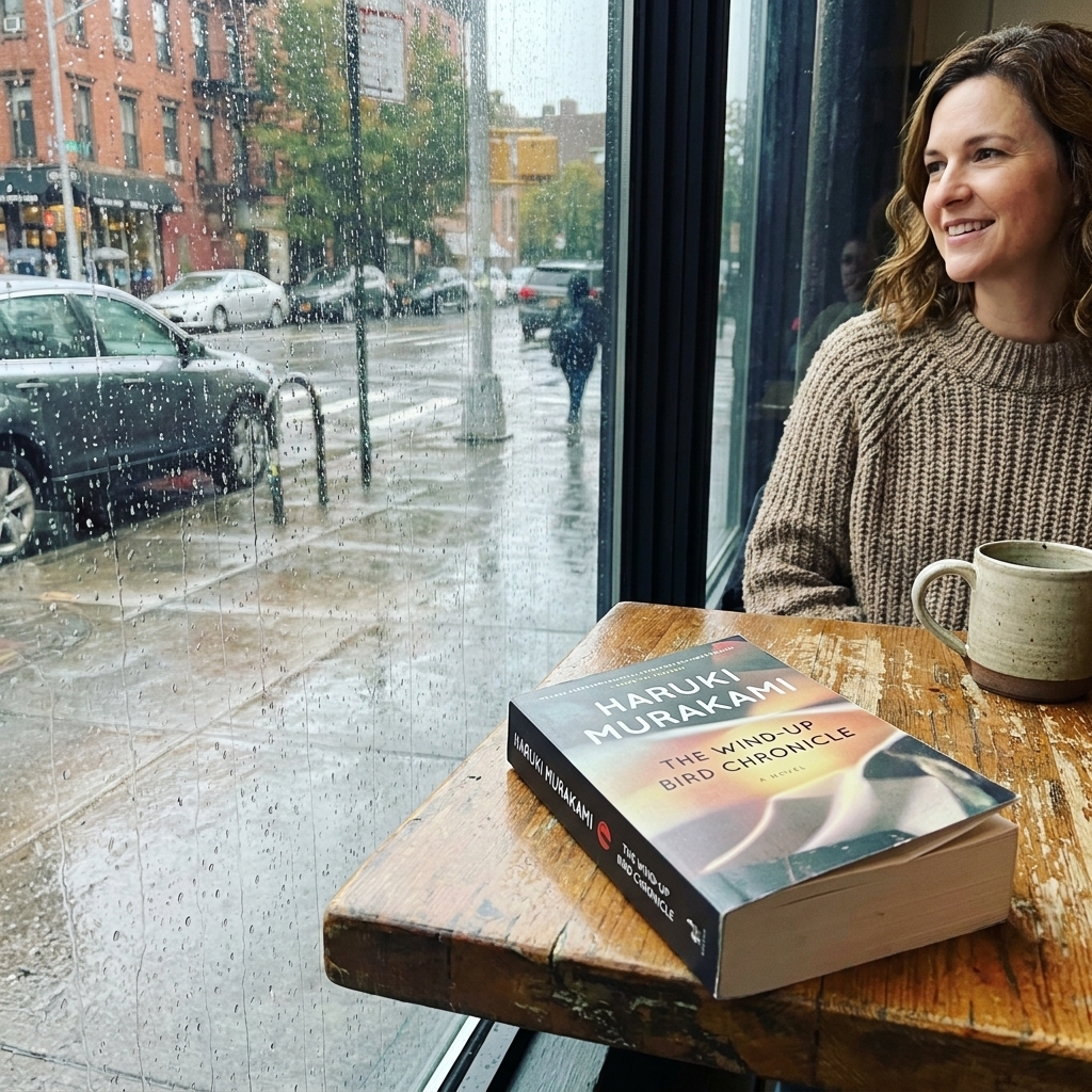 A paperback copy of 'The Wind-Up Bird Chronicle' on a café table near a rainy window with a city street blurred in the background