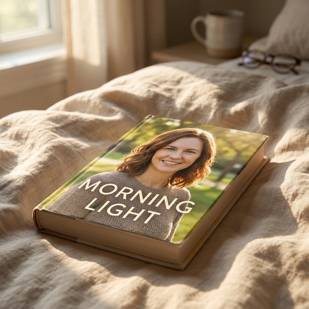 A paperback copy of a contemporary novel resting on a rumpled bedspread with early morning window light across the cover