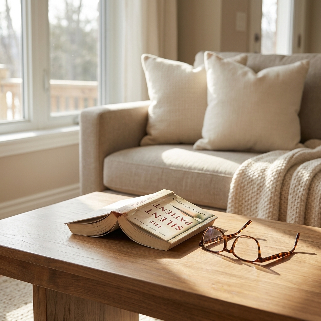 A paperback novel on a coffee table beside a pair of reading glasses in a bright living room
