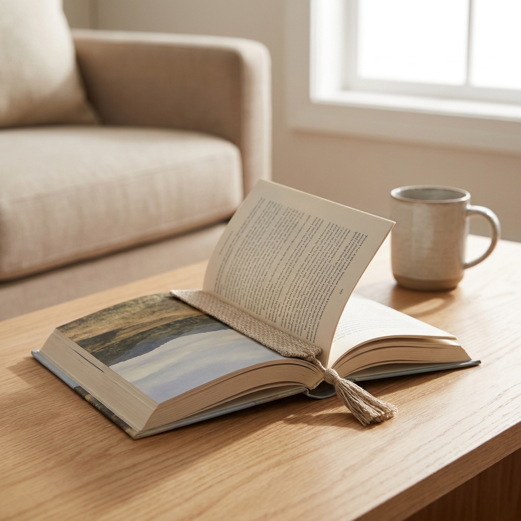 A paperback volume propped open on a coffee table with a bookmark tucked between pages