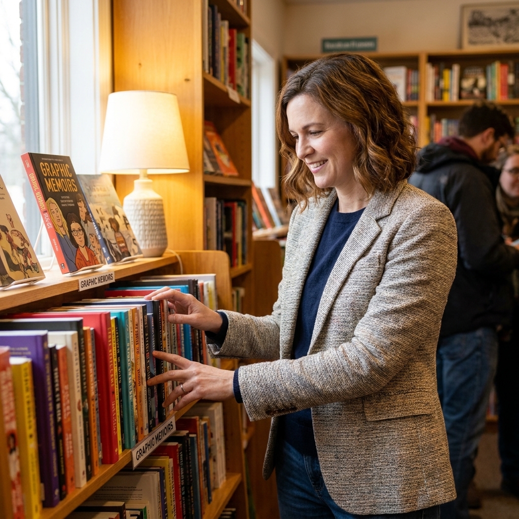A person browsing graphic memoirs on wooden bookstore shelves, fingers sliding along the spines, cozy bookstore lighting