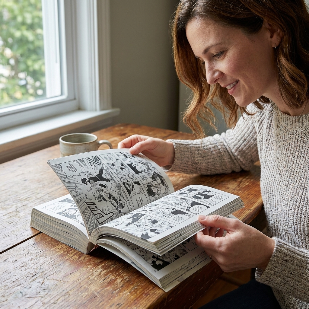 A person holding an open weekly manga magazine on a wooden table, showing dense black-and-white pages with panels and speech bubbles, photographed in natural window light
