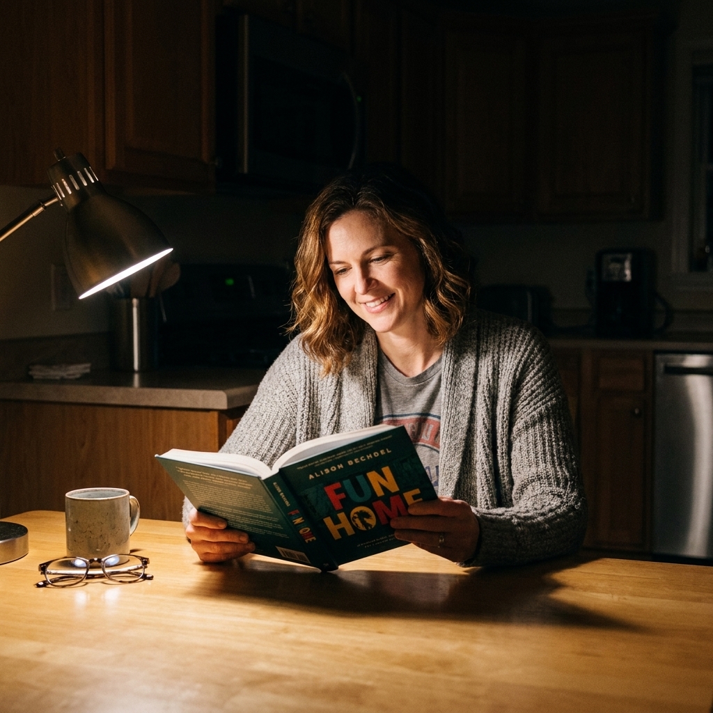 A person reading a graphic memoir at a kitchen table late at night, a single lamp casting a pool of light on the pages