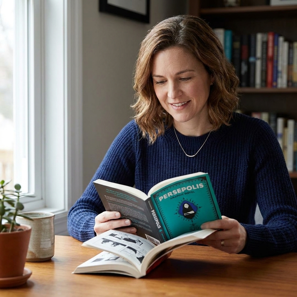 A person reading a paperback graphic novel at a table with clean hands, the book supported open without being forced flat
