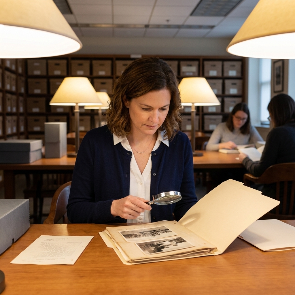 A person seated at a long table in a quiet archive reading room, studying a folder of historical documents under warm overhead lights