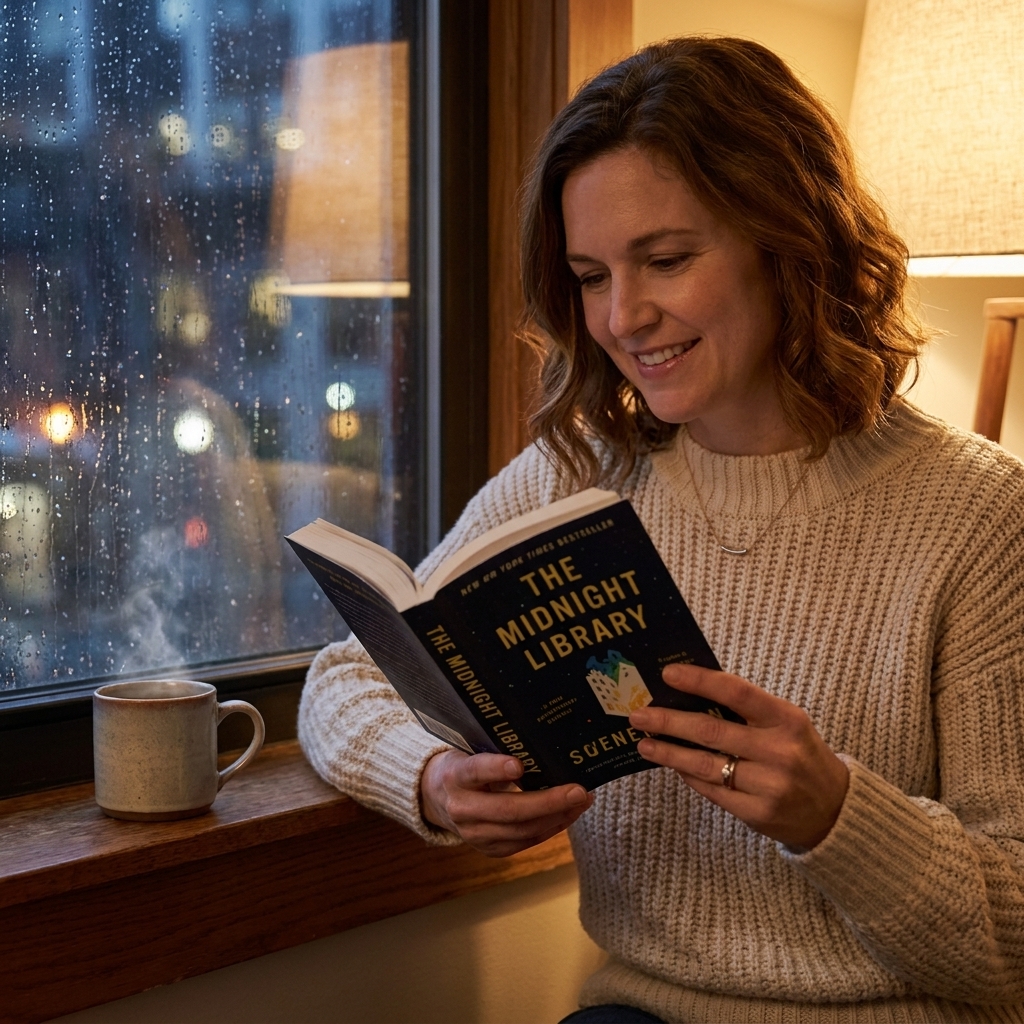 A person sitting by a rainy window holding an open paperback book, a steaming mug on the sill, cozy indoor evening light