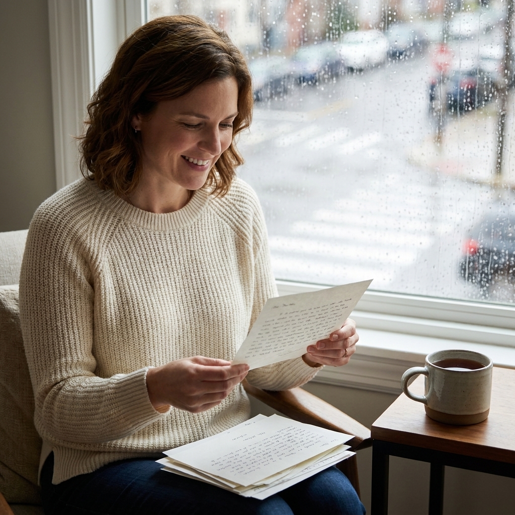 A person sitting by a rainy window reading a stack of letters with a mug of tea on a small table