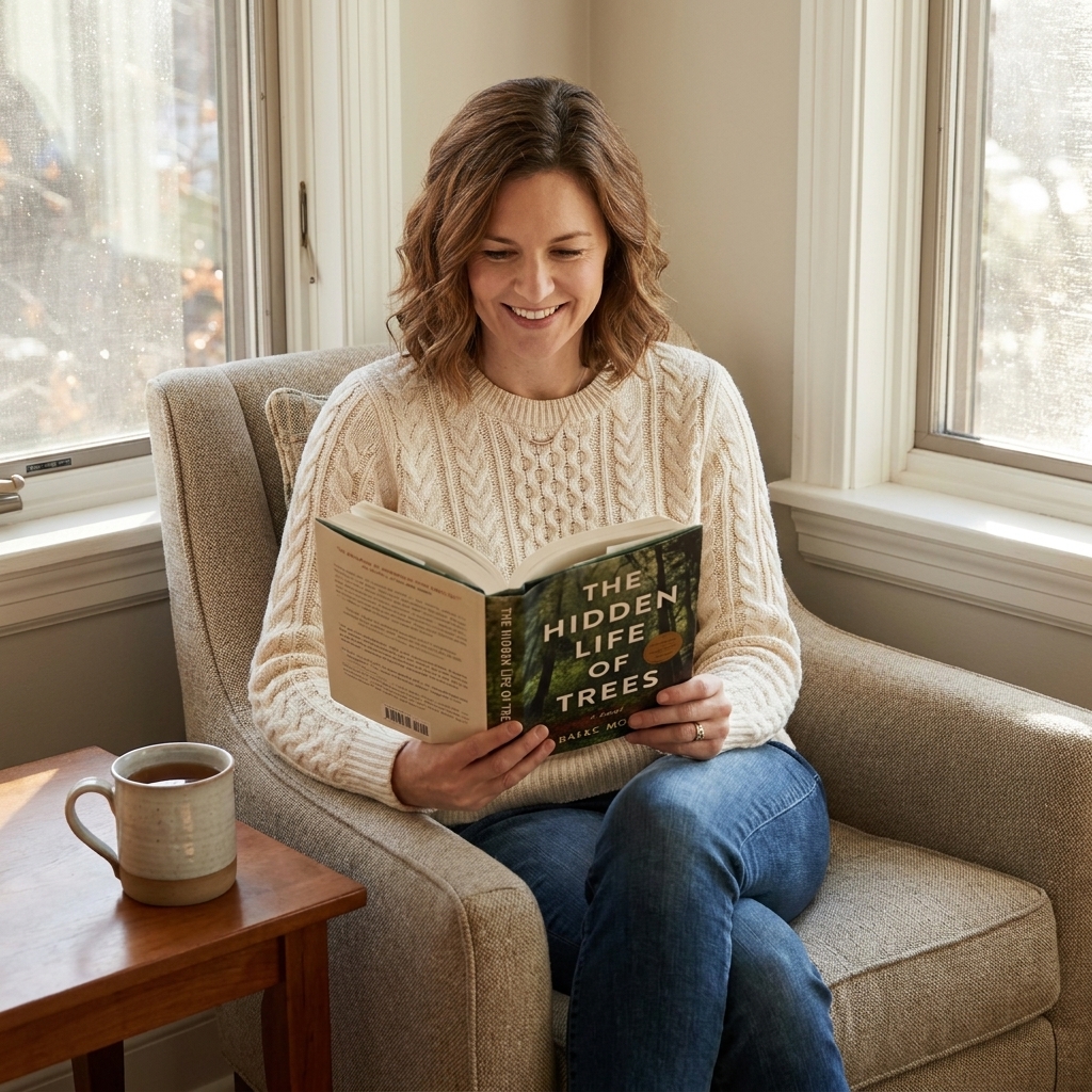 A person sitting in an armchair holding an open novel with a mug of tea on a nearby side table