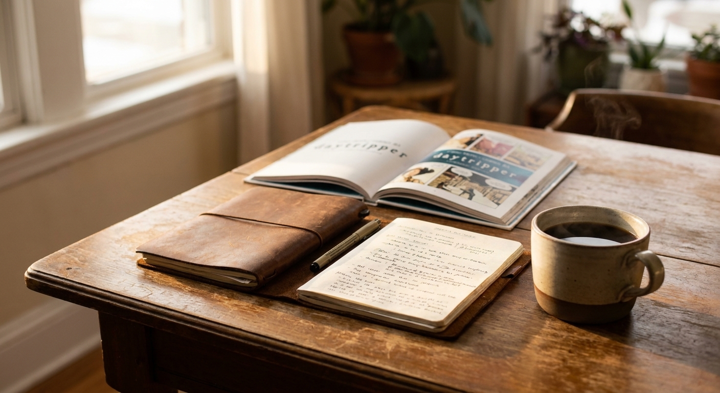 A photograph of Daytripper by Fábio Moon and Gabriel Bá on a table next to a notebook and a cup of coffee in morning light