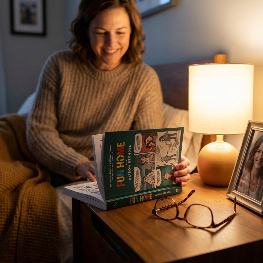 A photograph of Fun Home by Alison Bechdel on a nightstand beside reading glasses and a small lamp