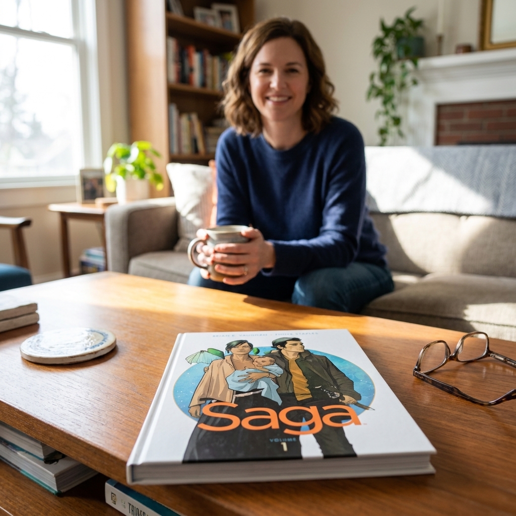A photograph of Saga Volume 1 by Brian K. Vaughan and Fiona Staples on a coffee table with a softly blurred living room in the background