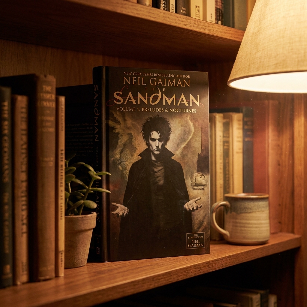 A photograph of The Sandman Volume 1 by Neil Gaiman resting on a bookshelf with warm ambient light