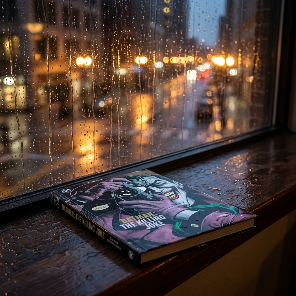 A photograph of a Batman comic hardcover resting on a rainy window ledge with city lights blurred in the background, nighttime mood
