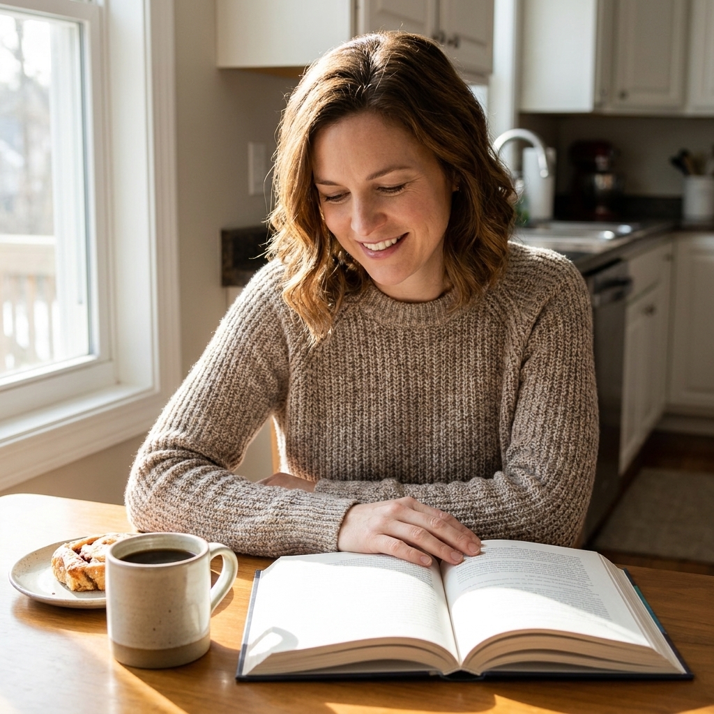 A photograph of a book open on a kitchen table next to a cup of coffee and a small plate, morning light streaming in