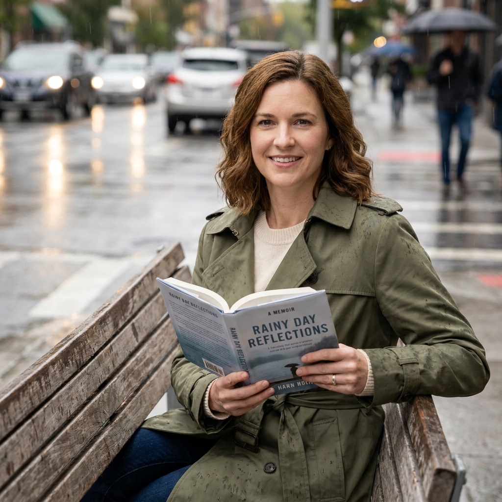 A photograph of a memoir volume on a wooden bench outdoors, with a rainy street scene softly blurred in the background