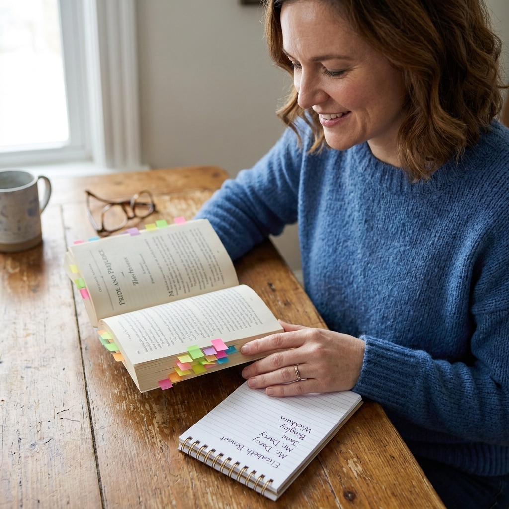 A photograph of a paperback classic novel on a wooden table with colorful sticky tabs along the page edges and a handwritten character list on a small notepad