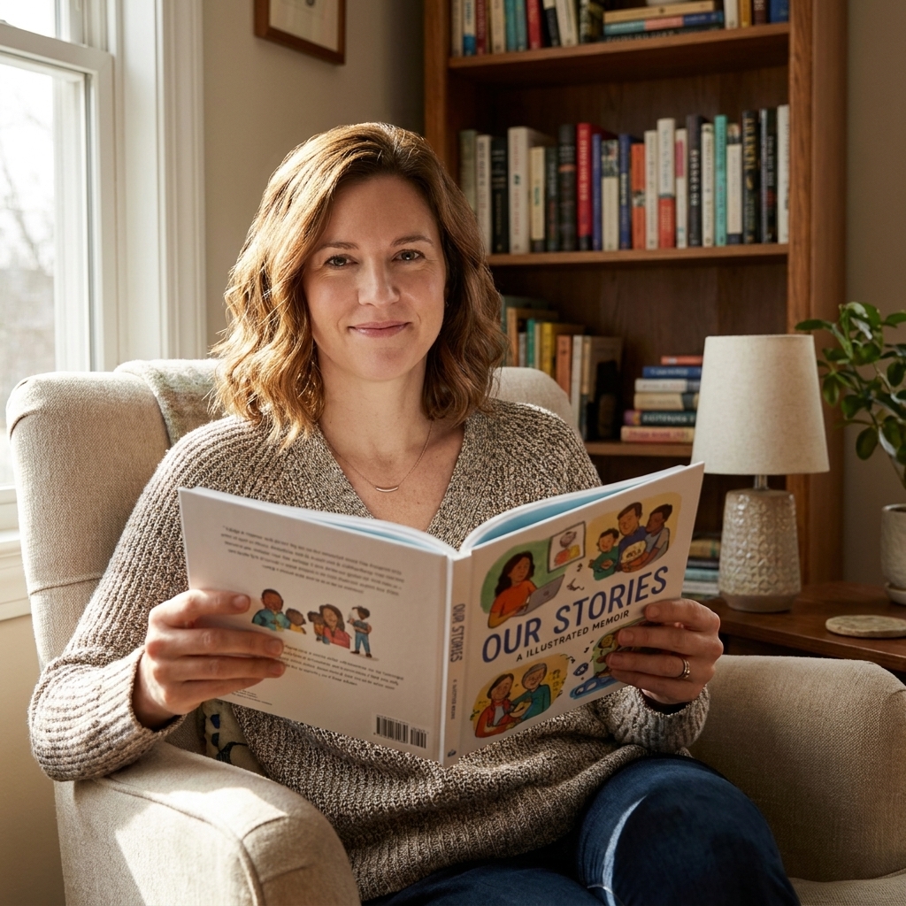 A photograph of a person holding an illustrated memoir with both hands, seated near a bookshelf in a cozy living room