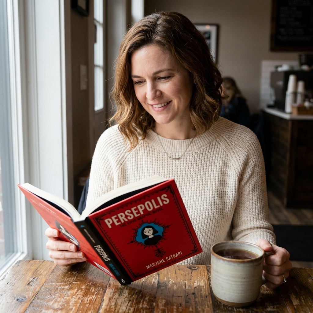 A photograph of a reader holding the book Persepolis by Marjane Satrapi at a wooden table with a cup of tea nearby