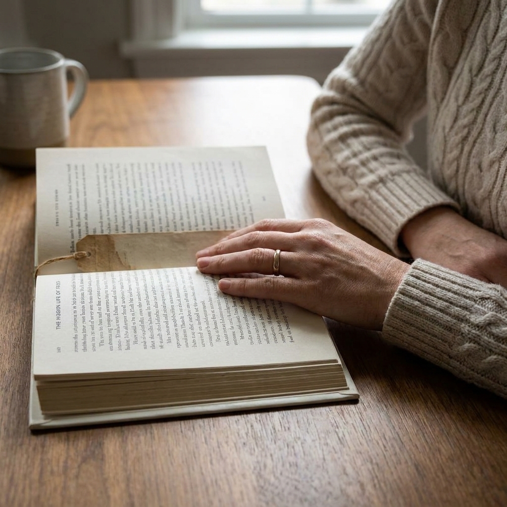 A photograph of a single book lying open on a table, with a hand resting nearby as if paused mid-read