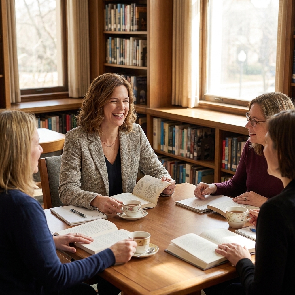 A photograph of a small book club gathered around a table in a library meeting room with open books, notebooks, and tea cups