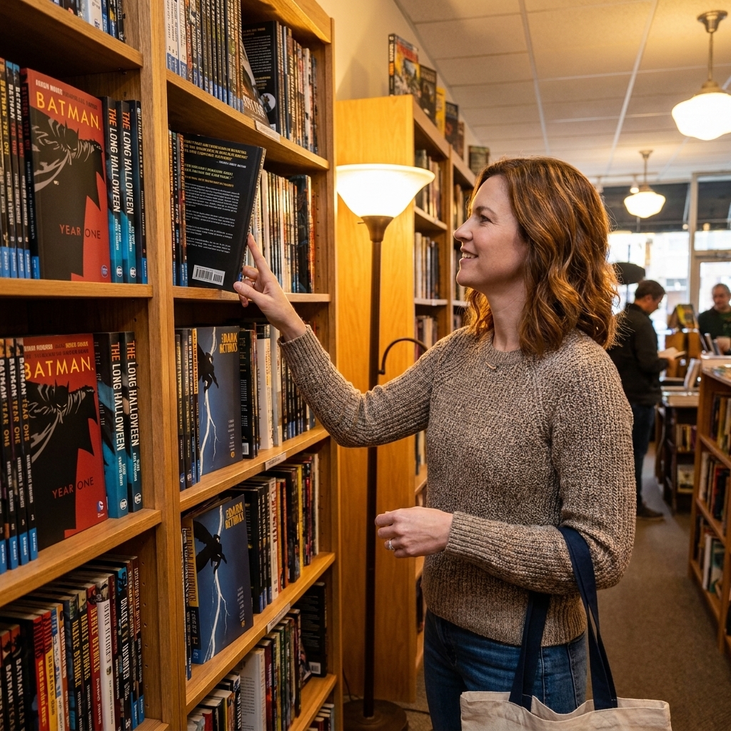 A photograph of a tall bookshelf in an independent bookstore with several Batman graphic novel spines visible among other comics, warm ambient lighting