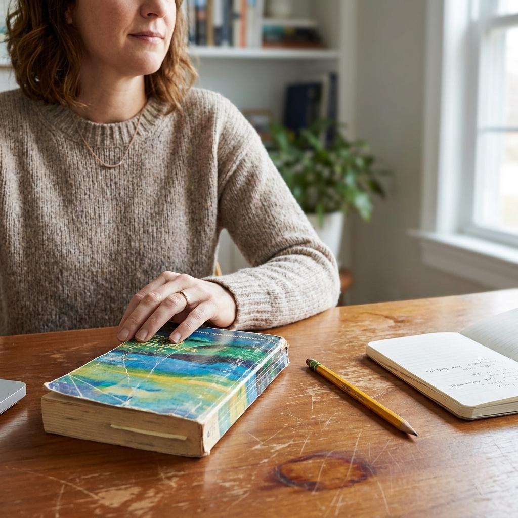A photograph of a well-loved book with a colorful cover resting on a desk beside a pencil and a small notebook