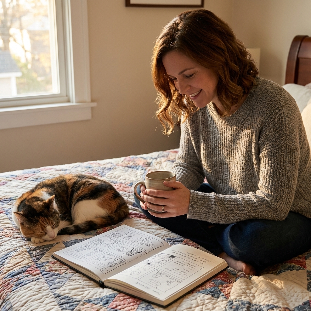 A photograph of an open sketchbook-like comics volume on a bedspread, with a cat curled up nearby