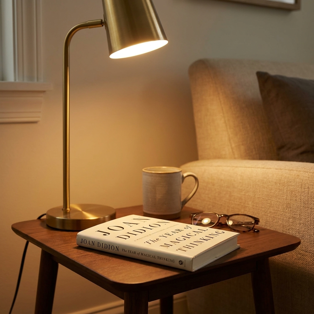 A photograph of the book 'The Year of Magical Thinking' by Joan Didion on a small table next to a lit reading lamp