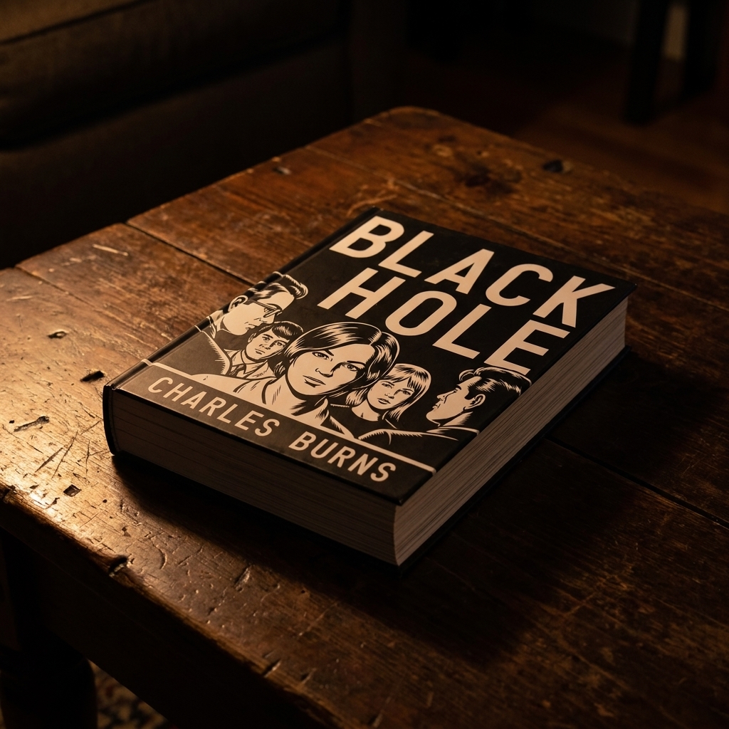 A photograph of the graphic novel Black Hole by Charles Burns placed on a dark wooden surface with low, moody lighting