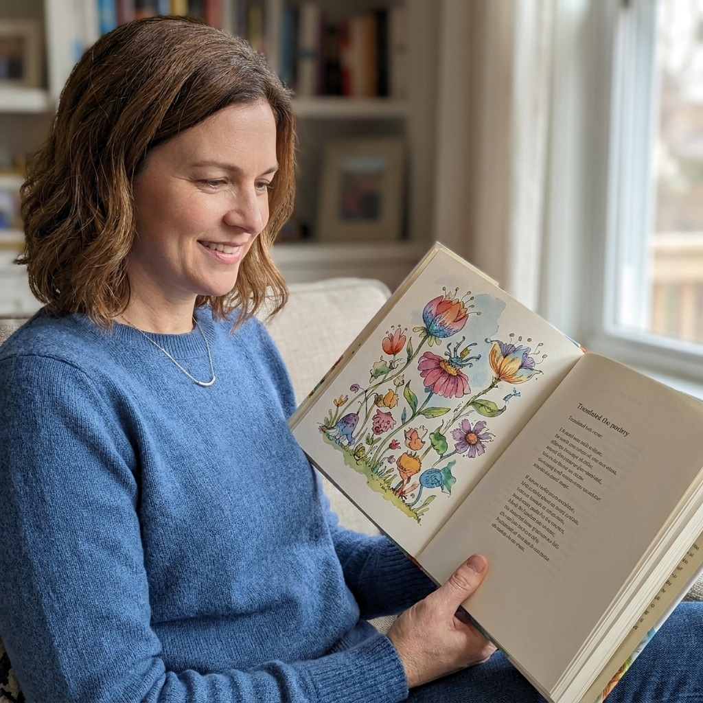 A poetry book open to a spread where colorful, whimsical artwork shares space with a block of translated verse on the facing page