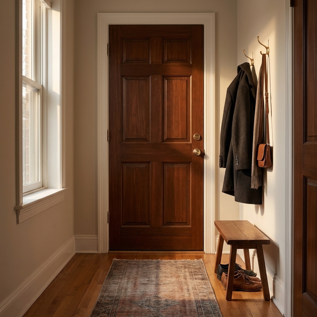 A quiet apartment entryway with a closed wooden door, a coat hanging on a hook, and soft afternoon light