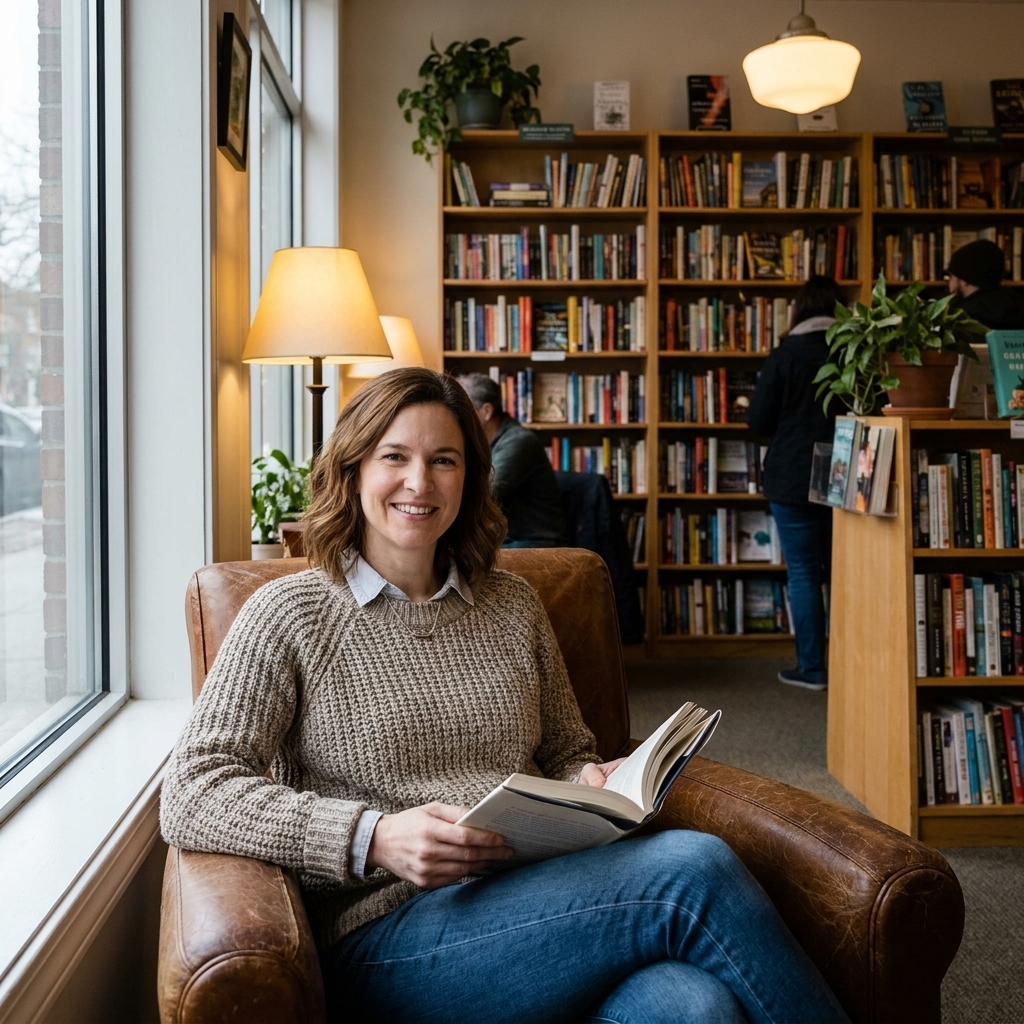A quiet independent bookstore interior with wooden shelves, warm lighting, and a reading chair near a window