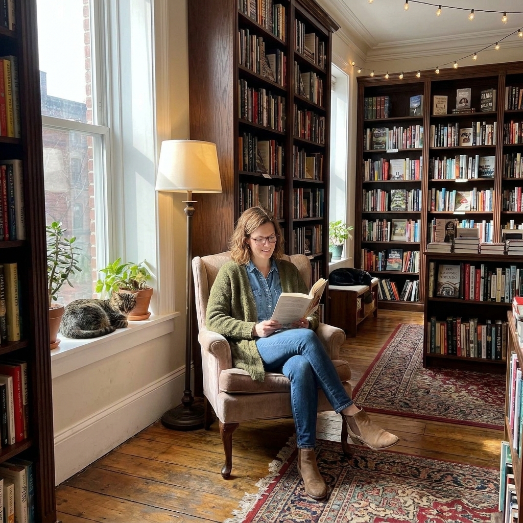 A quiet independent bookstore with tall wooden shelves, warm lighting, and a reading chair near a window