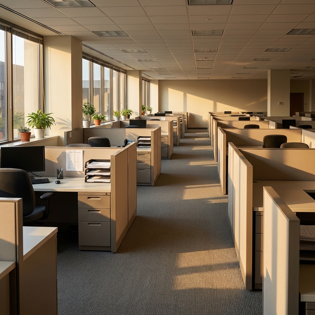 A quiet office floor with rows of cubicles lit by sunlight and no people present