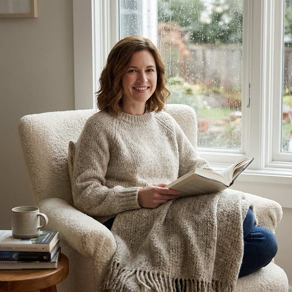 A quiet reading nook with a soft chair, a throw blanket, and a stack of books beside a window on a rainy day, cozy interior photograph