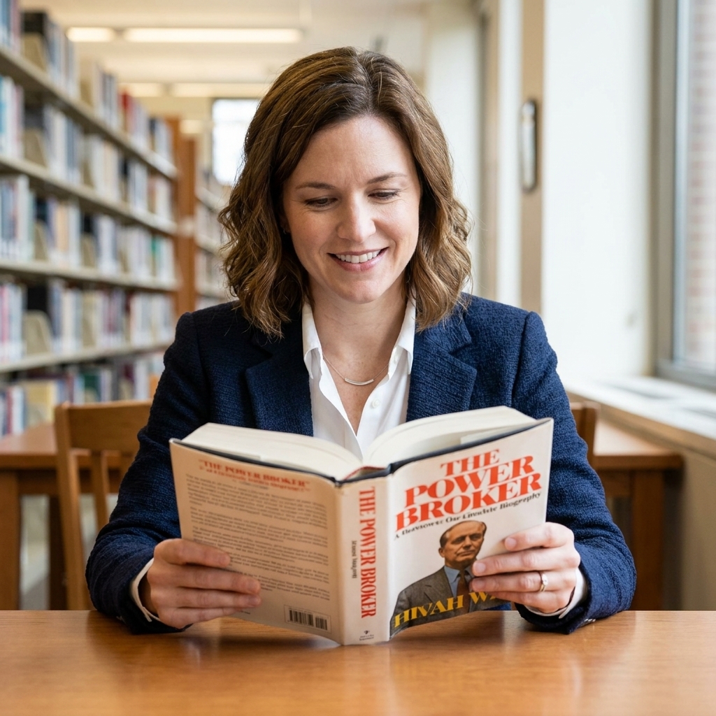 A reader holding a thick biography while seated at a library table with blurred shelves in the background