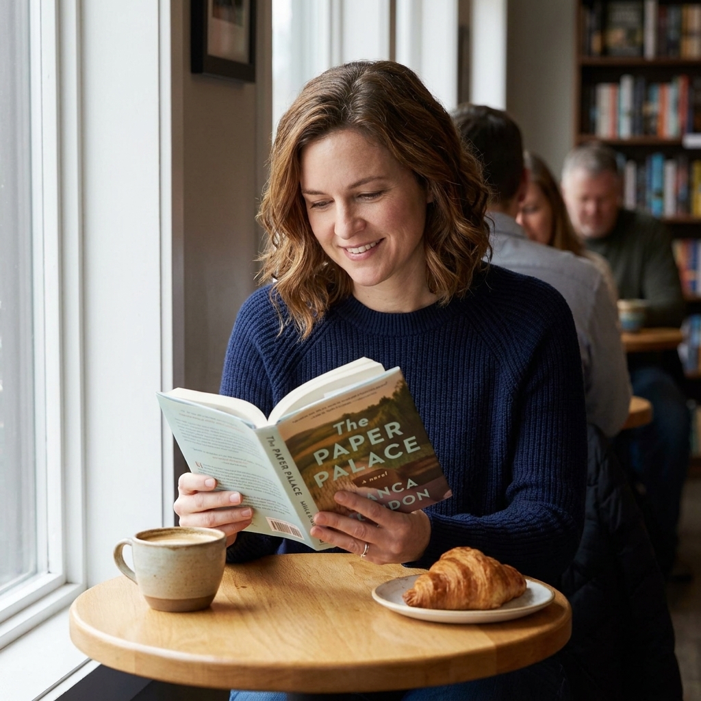 A reader holding an open novel at a small coffee shop table, with a ceramic mug nearby and soft window light