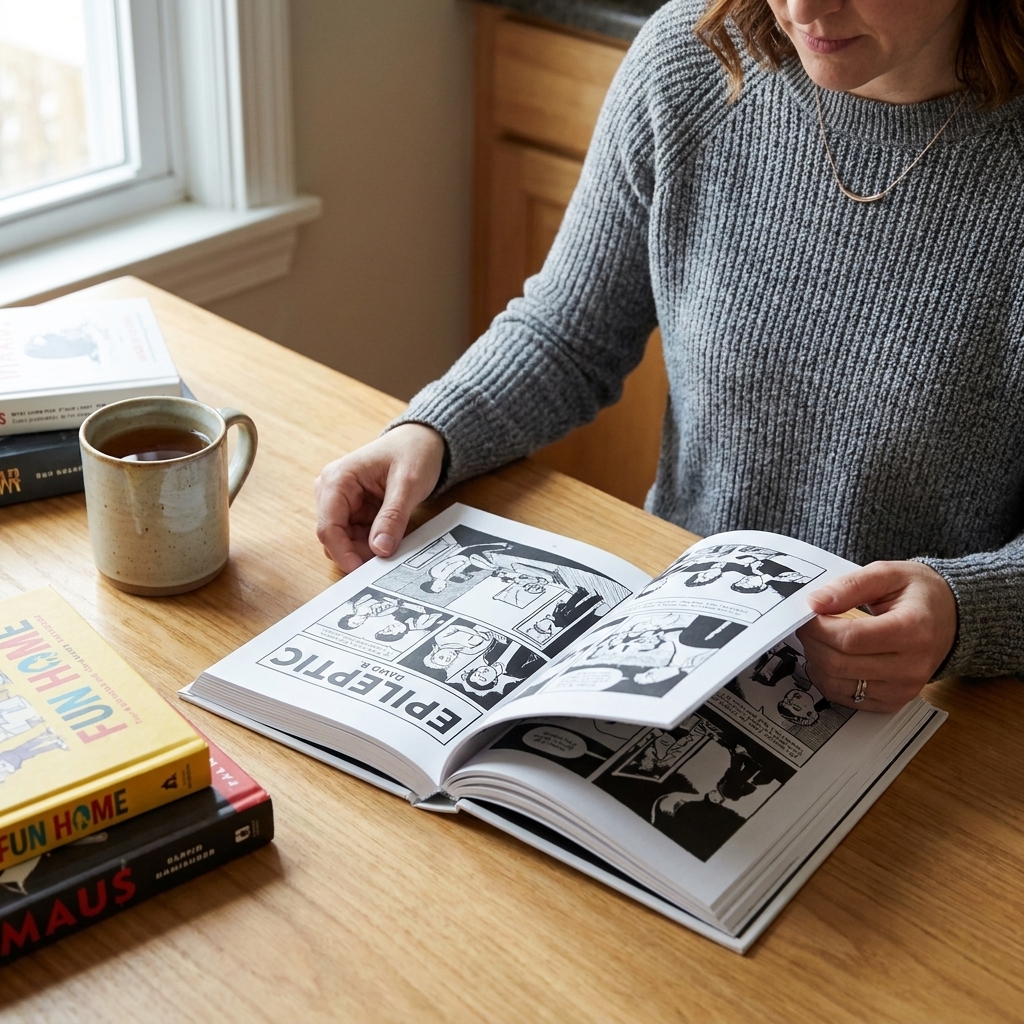 A reader’s hands turning a page of Epileptic at a kitchen table, with a mug and a small stack of books nearby