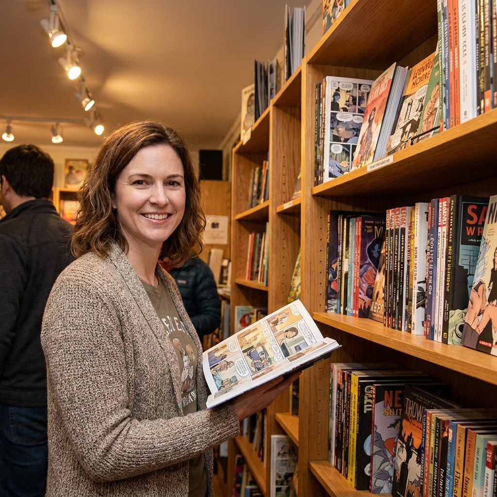 A real photograph of a neatly arranged shelf in an independent bookstore featuring comics and illustrated books, with warm overhead lighting and wooden shelving