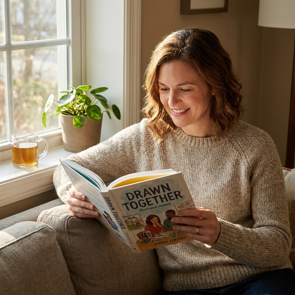 A real photograph of a person reading an illustrated memoir on a couch near a window, afternoon light falling across the pages