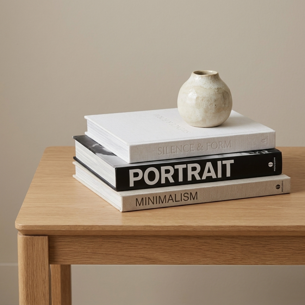 A rectangular coffee table with a neutral-toned stack of art books, including a white linen-bound book and a black-and-white photography book, with a small ceramic object on top