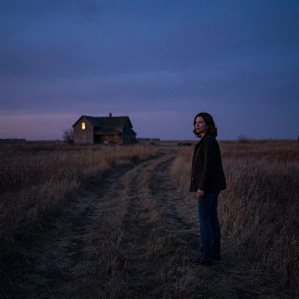 A rural field at twilight with a faint dirt path and a distant farmhouse light, creating an uneasy, suspenseful mood