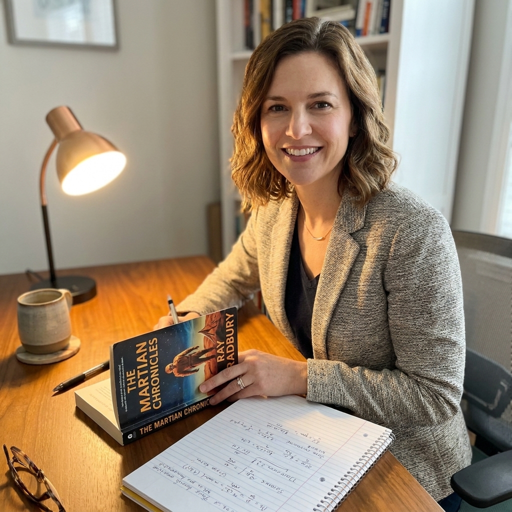A science fiction novel lying open on a desk beside a notebook filled with handwritten equations and a small desk lamp casting a warm pool of light